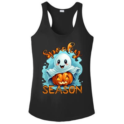 Groovy Spooky Season Cute Ghost Holding Pumpkin Halloween Ladies PosiCharge Competitor Racerback Tank