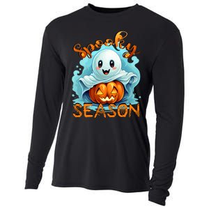 Groovy Spooky Season Cute Ghost Holding Pumpkin Halloween Cooling Performance Long Sleeve Crew