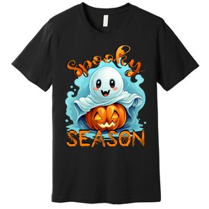 Groovy Spooky Season Cute Ghost Holding Pumpkin Halloween Premium T-Shirt