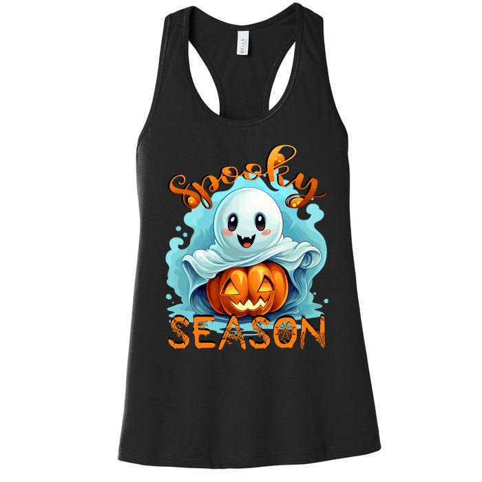 Groovy Spooky Season Cute Ghost Holding Pumpkin Halloween Women's Racerback Tank