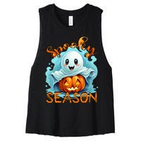 Groovy Spooky Season Cute Ghost Holding Pumpkin Halloween Women's Racerback Cropped Tank