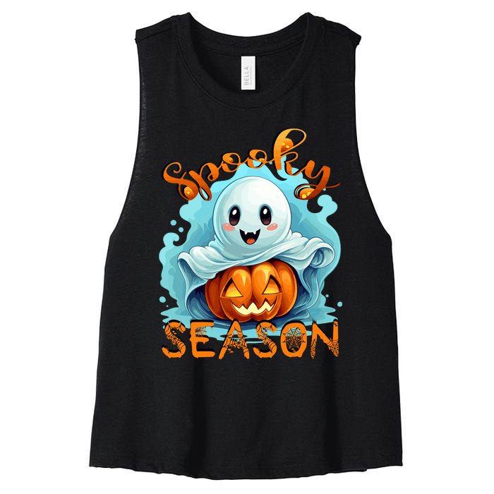 Groovy Spooky Season Cute Ghost Holding Pumpkin Halloween Women's Racerback Cropped Tank