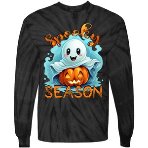 Groovy Spooky Season Cute Ghost Holding Pumpkin Halloween Tie-Dye Long Sleeve Shirt