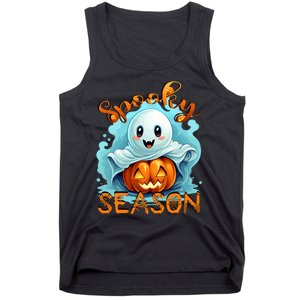 Groovy Spooky Season Cute Ghost Holding Pumpkin Halloween Tank Top