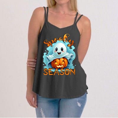 Groovy Spooky Season Cute Ghost Holding Pumpkin Halloween Women's Strappy Tank