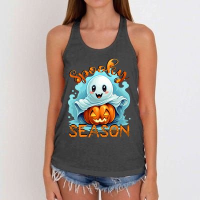 Groovy Spooky Season Cute Ghost Holding Pumpkin Halloween Women's Knotted Racerback Tank