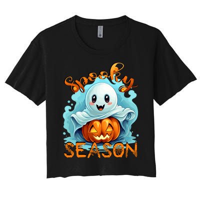 Groovy Spooky Season Cute Ghost Holding Pumpkin Halloween Women's Crop Top Tee