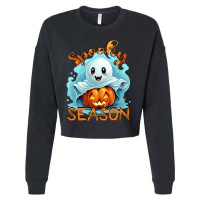 Groovy Spooky Season Cute Ghost Holding Pumpkin Halloween Cropped Pullover Crew