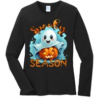 Groovy Spooky Season Cute Ghost Holding Pumpkin Halloween Ladies Long Sleeve Shirt