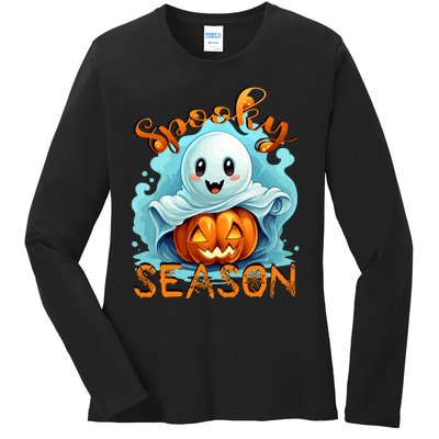 Groovy Spooky Season Cute Ghost Holding Pumpkin Halloween Ladies Long Sleeve Shirt