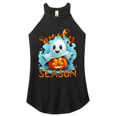 Groovy Spooky Season Cute Ghost Holding Pumpkin Halloween Women's Perfect Tri Rocker Tank