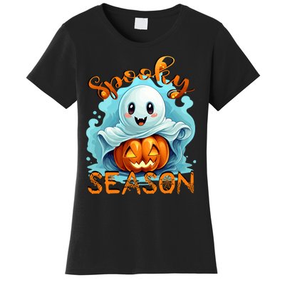 Groovy Spooky Season Cute Ghost Holding Pumpkin Halloween Women's T-Shirt