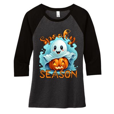 Groovy Spooky Season Cute Ghost Holding Pumpkin Halloween Women's Tri-Blend 3/4-Sleeve Raglan Shirt