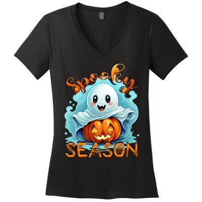 Groovy Spooky Season Cute Ghost Holding Pumpkin Halloween Women's V-Neck T-Shirt