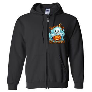 Groovy Spooky Season Cute Ghost Holding Pumpkin Halloween Full Zip Hoodie