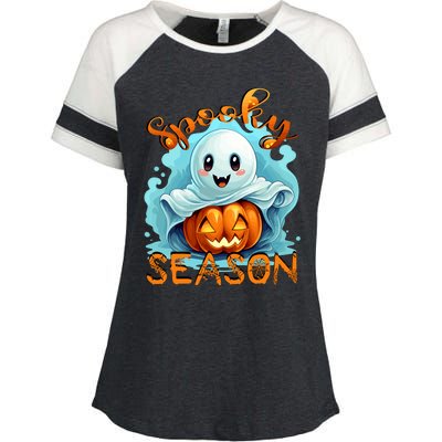 Groovy Spooky Season Cute Ghost Holding Pumpkin Halloween Enza Ladies Jersey Colorblock Tee