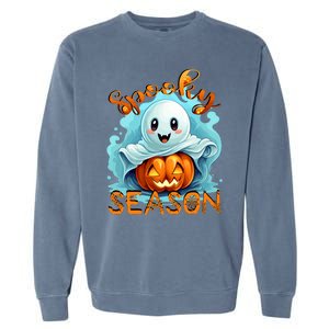 Groovy Spooky Season Cute Ghost Holding Pumpkin Halloween Garment-Dyed Sweatshirt