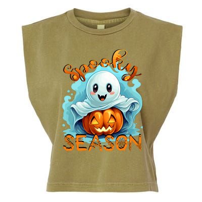 Groovy Spooky Season Cute Ghost Holding Pumpkin Halloween Garment-Dyed Women's Muscle Tee