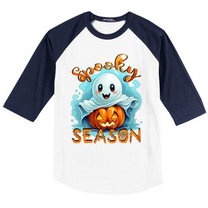 Groovy Spooky Season Cute Ghost Holding Pumpkin Halloween Baseball Sleeve Shirt