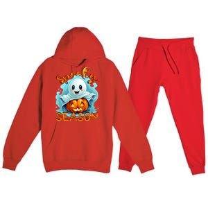 Groovy Spooky Season Cute Ghost Holding Pumpkin Halloween Premium Hooded Sweatsuit Set