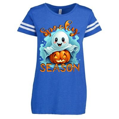 Groovy Spooky Season Cute Ghost Holding Pumpkin Halloween Enza Ladies Jersey Football T-Shirt