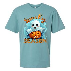 Groovy Spooky Season Cute Ghost Holding Pumpkin Halloween Sueded Cloud Jersey T-Shirt