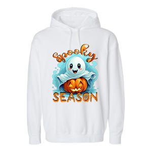 Groovy Spooky Season Cute Ghost Holding Pumpkin Halloween Garment-Dyed Fleece Hoodie