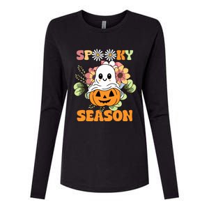 Groovy Spooky Season Cute Ghost Holding Pumpkin Halloween Womens Cotton Relaxed Long Sleeve T-Shirt