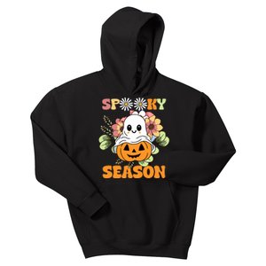 Groovy Spooky Season Cute Ghost Holding Pumpkin Halloween Kids Hoodie