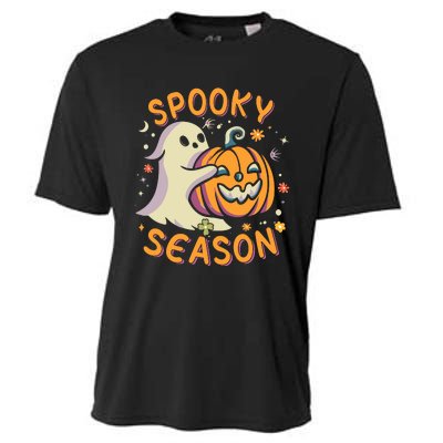 Groovy Spooky Season Cute Ghost Holding Pumpkin Halloween Cooling Performance Crew T-Shirt