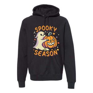 Groovy Spooky Season Cute Ghost Holding Pumpkin Halloween Premium Hoodie