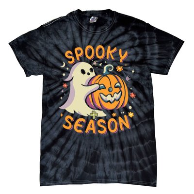 Groovy Spooky Season Cute Ghost Holding Pumpkin Halloween Tie-Dye T-Shirt