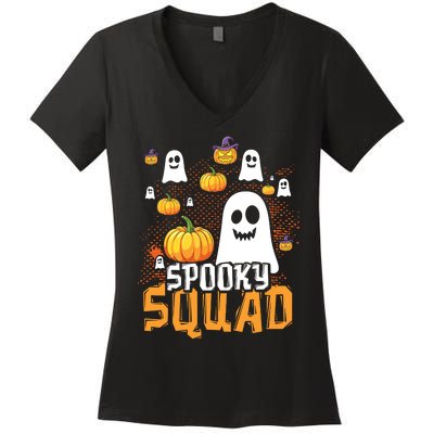 Groovy Spooky Squad Cute Ghost Pumpkin Funny Halloween Kids Women's V-Neck T-Shirt