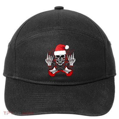 Guitar Santa Skull W Rock On Skeleton Hands Cool Christmas Gift 7-Panel Snapback Hat