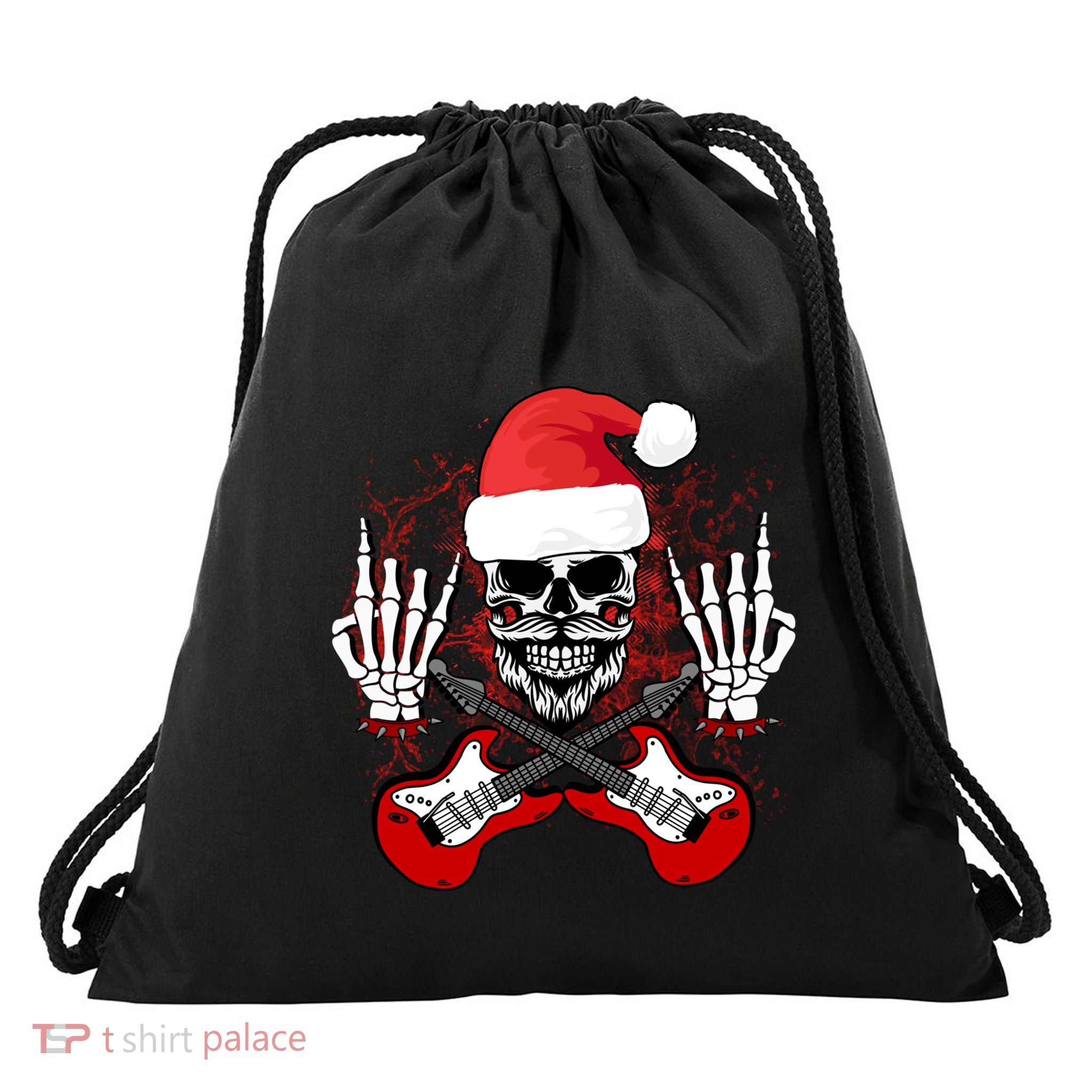 Guitar Santa Skull W Rock On Skeleton Hands Cool Christmas Gift Drawstring Bag