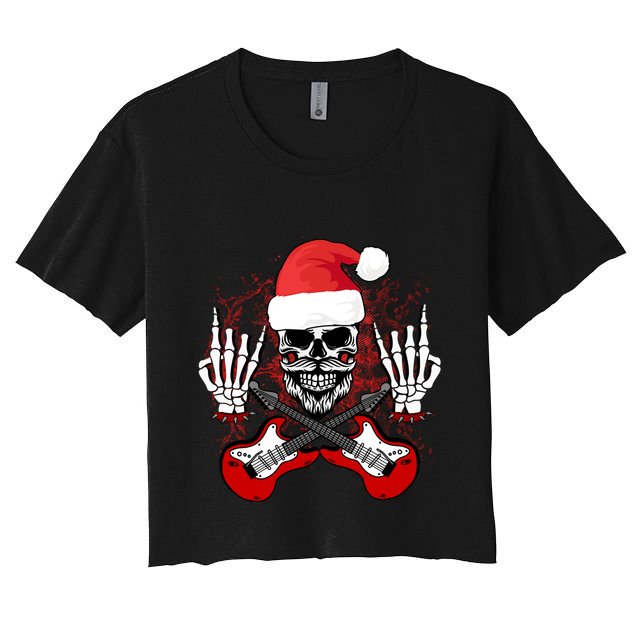 Guitar Santa Skull W Rock On Skeleton Hands Cool Christmas Gift Crop Top
