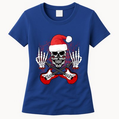 Guitar Santa Skull W Rock On Skeleton Hands Cool Christmas Gift Womens T-Shirt