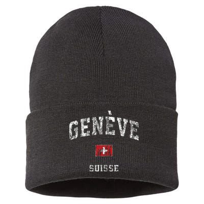 Geneva Suisse Switzerland Vintage Athletic Sports Design Sustainable Knit Beanie