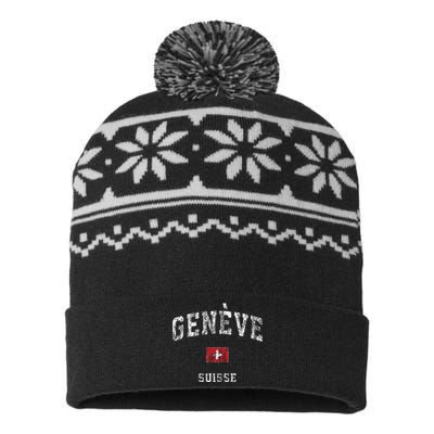 Geneva Suisse Switzerland Vintage Athletic Sports Design USA-Made Snowflake Beanie