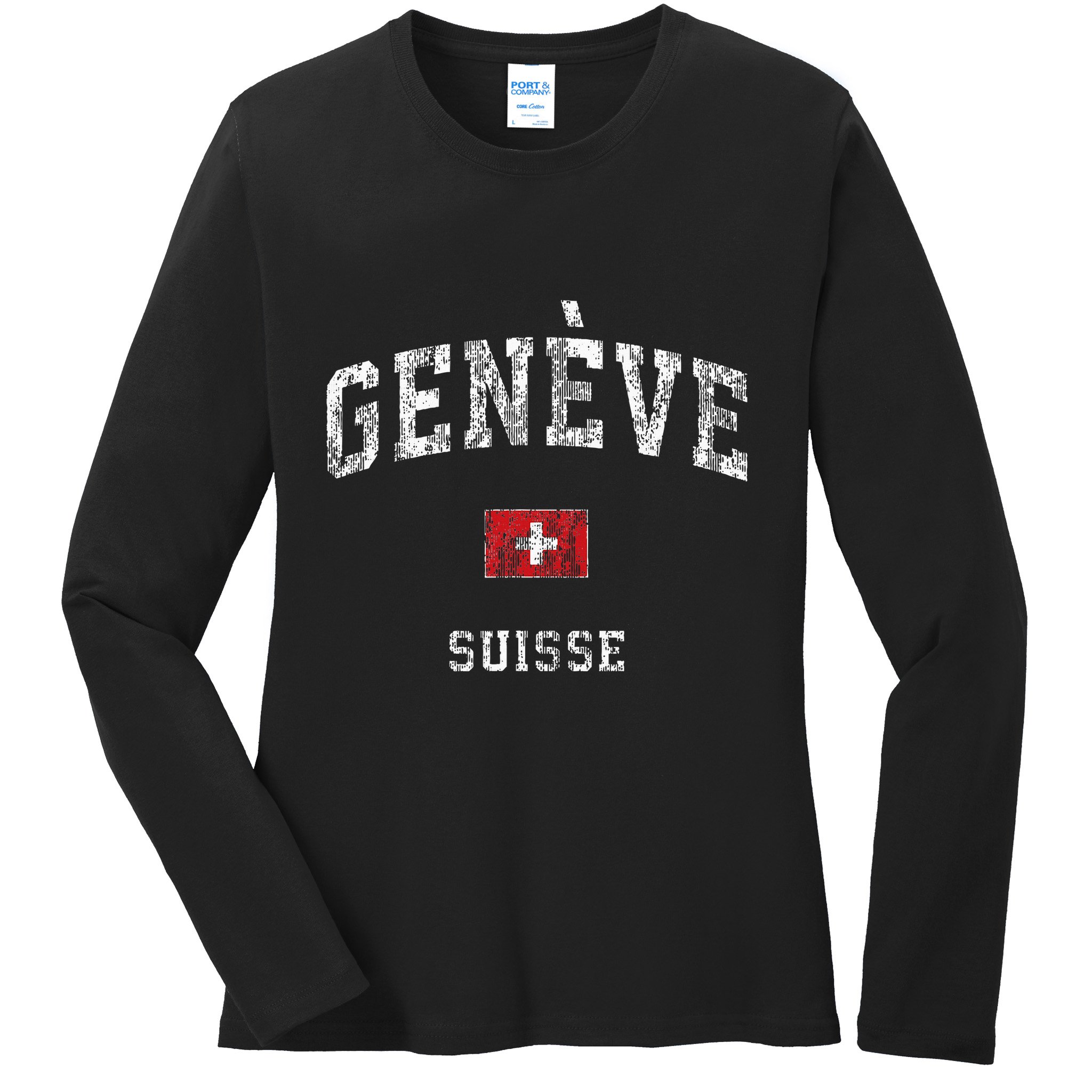 Geneva Suisse Switzerland Vintage Athletic Sports Design Ladies Long Sleeve Shirt