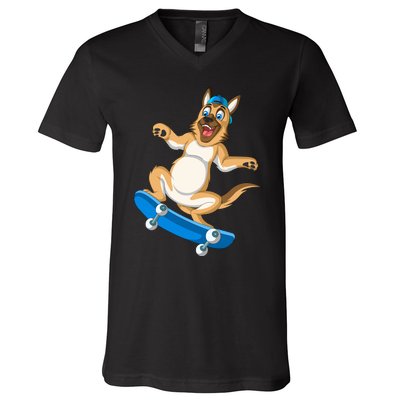 German Shepherd Skateboarding V-Neck T-Shirt