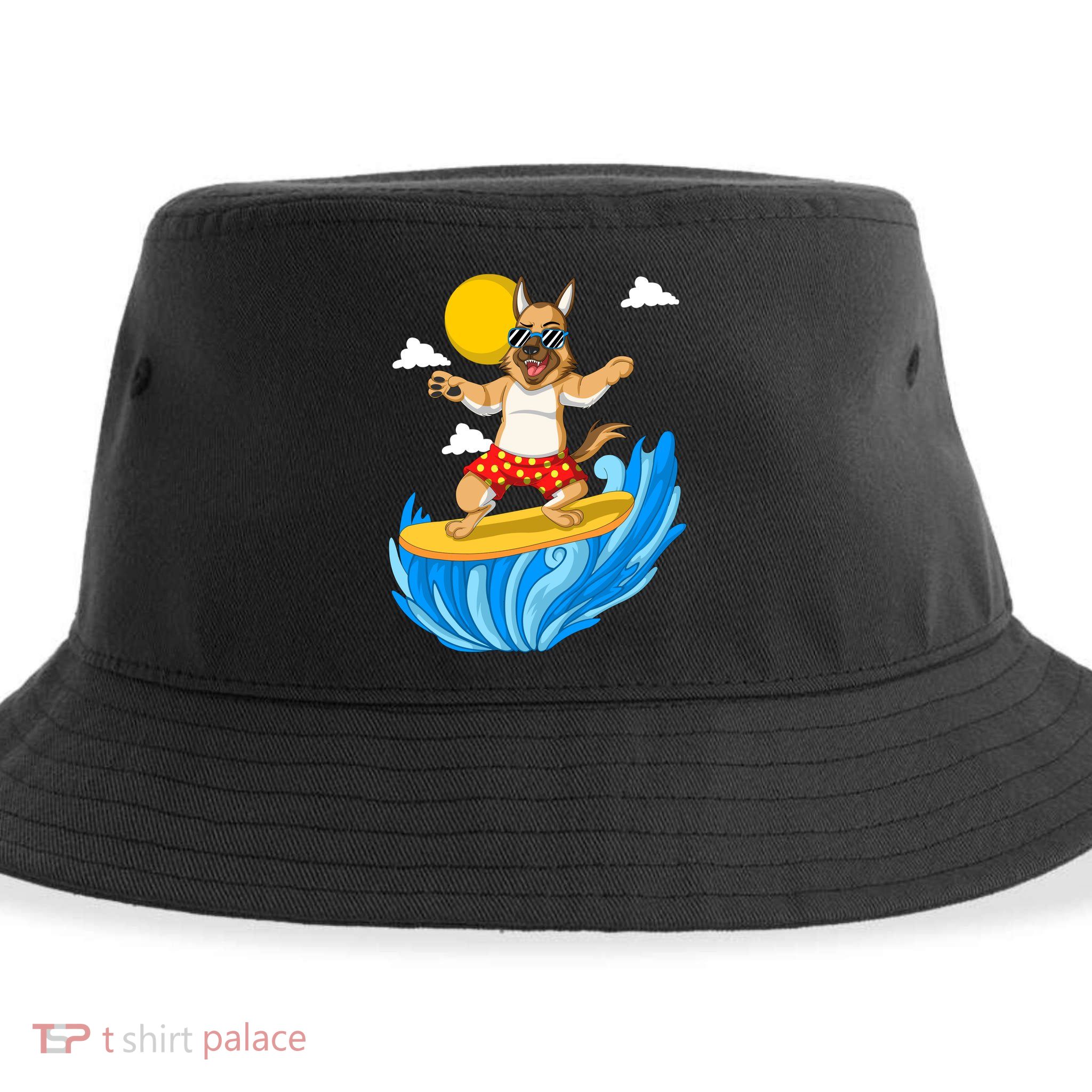 German Shepherd Surfing Sustainable Bucket Hat