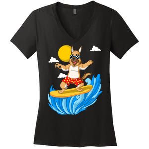 German Shepherd Surfing Women's V-Neck T-Shirt