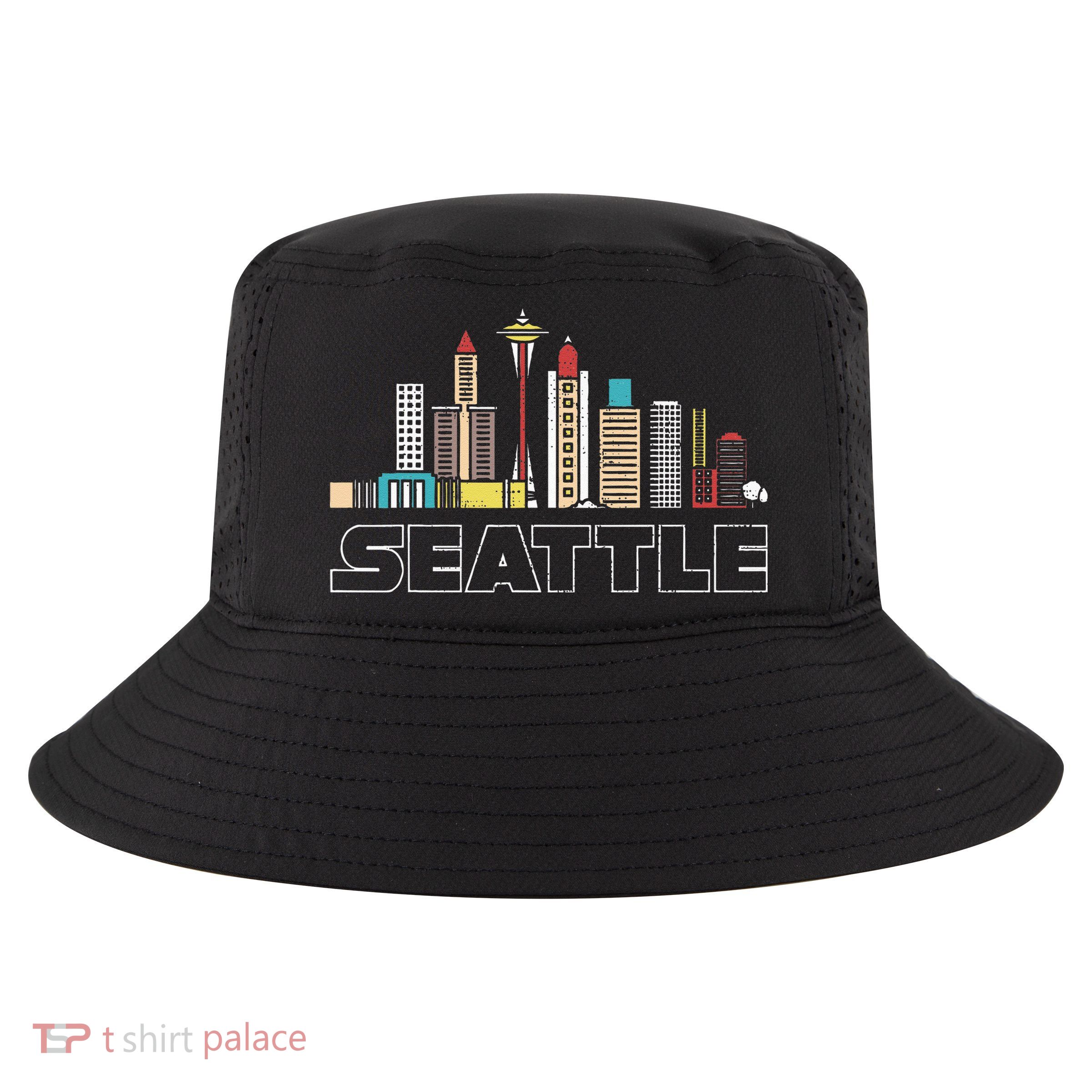 Grunge Seattle Skyline Distressed Look Design Cool Comfort Performance Bucket Hat