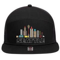 Grunge Seattle Skyline Distressed Look Design 7 Panel Mesh Trucker Snapback Hat