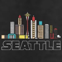 Grunge Seattle Skyline Distressed Look Design 7 Panel Mesh Trucker Snapback Hat