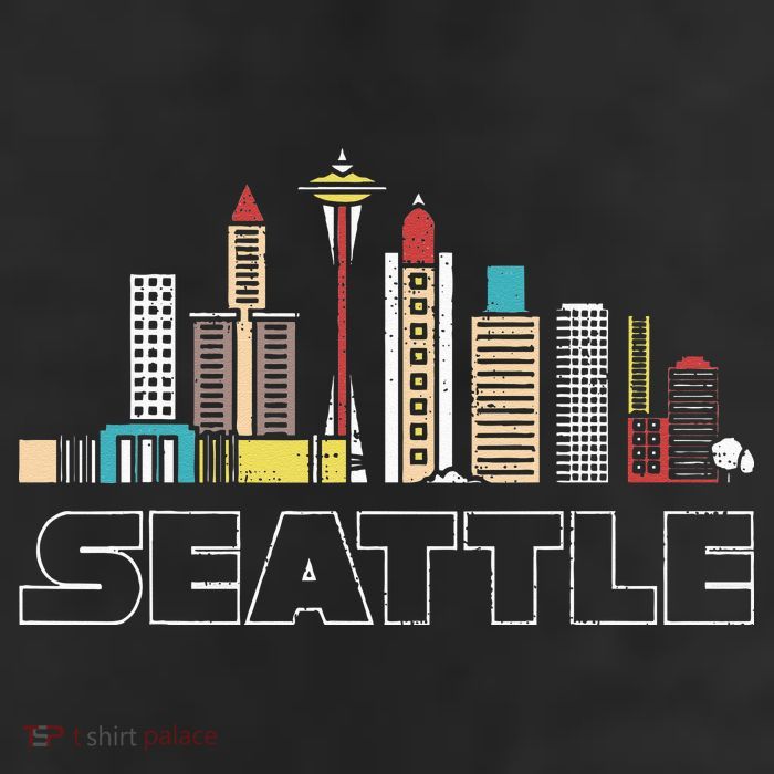 Grunge Seattle Skyline Distressed Look Design 7 Panel Mesh Trucker Snapback Hat