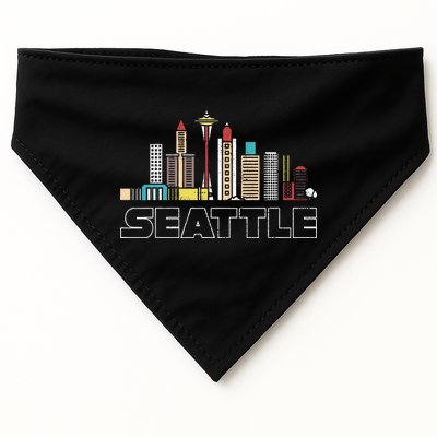 Grunge Seattle Skyline Distressed Look Design USA-Made Doggie Bandana