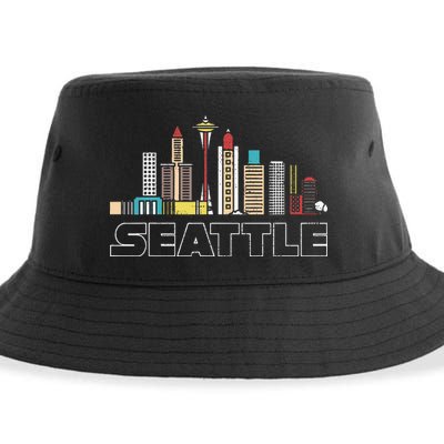 Grunge Seattle Skyline Distressed Look Design Sustainable Bucket Hat