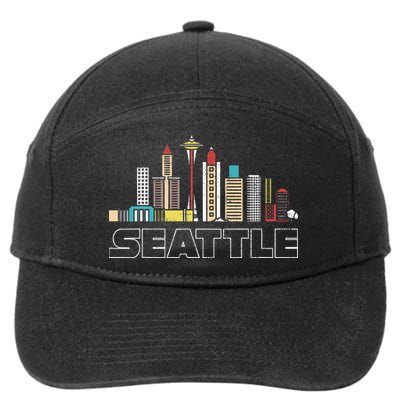 Grunge Seattle Skyline Distressed Look Design 7-Panel Snapback Hat
